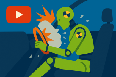Grüner Crashtest-Dummy, der bei einem Autounfall von einem ausgelösten Airbag getroffen wird, YouTube-Logo im Hintergrund erscheint